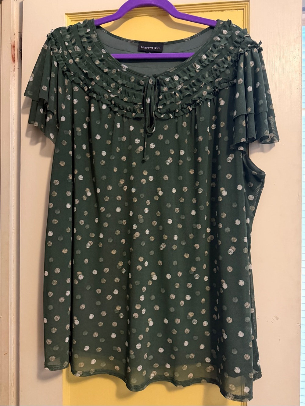 Fortune + Ivy Forest Green Polka Dot Ruffle Sleeve Top